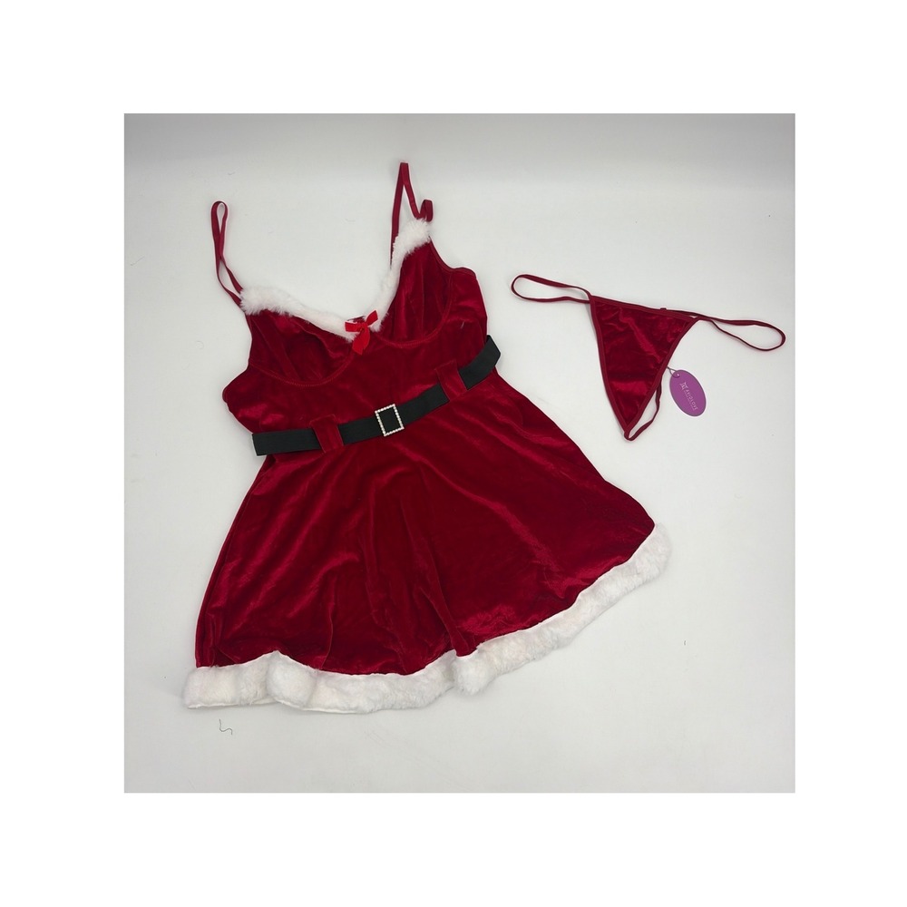 Avidlove Christmas Lingerie Set Red Velvet Faux Fur Babydoll Thong XXL NWT